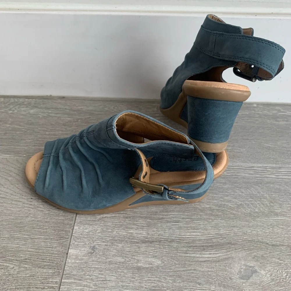 Earth Adina Moroccan Blue Suede Ruched Sling Back Peep Toe Wedge Sandals